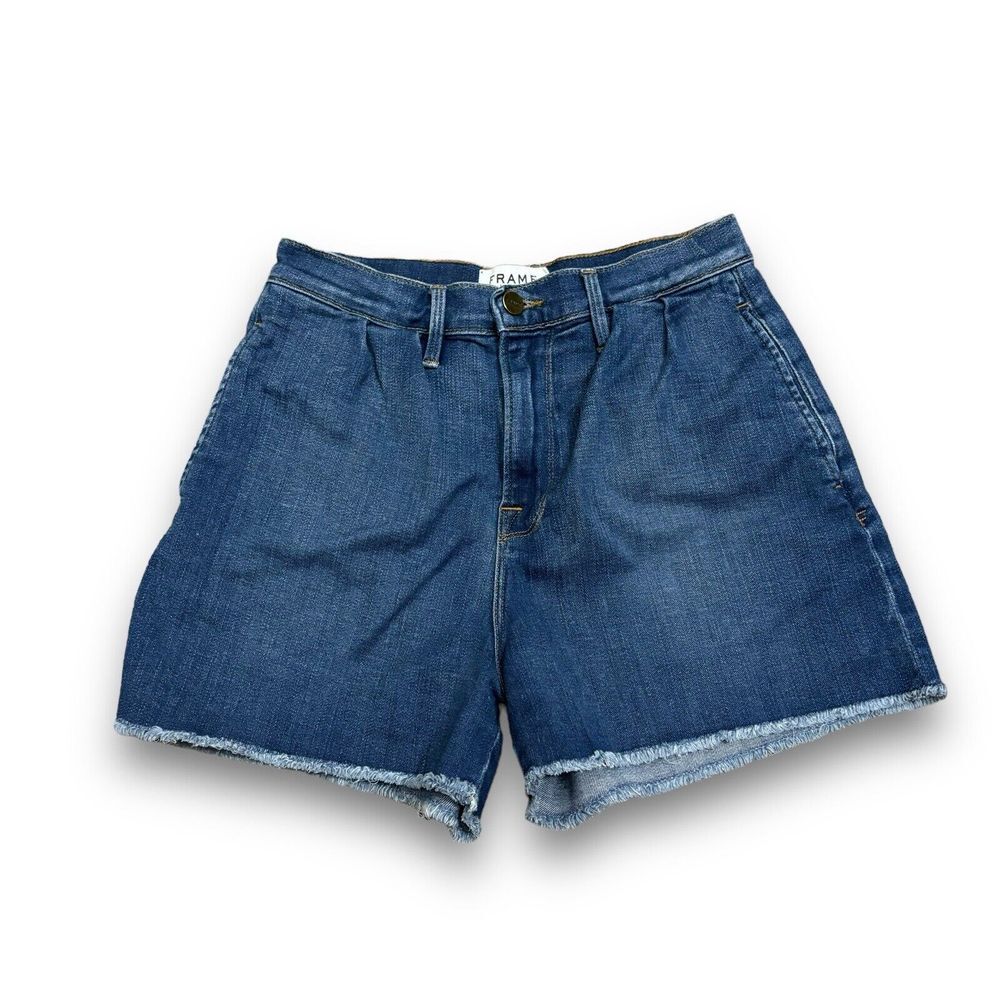 Frame Denim High-Rise Indigo Frayed Hem Shorts